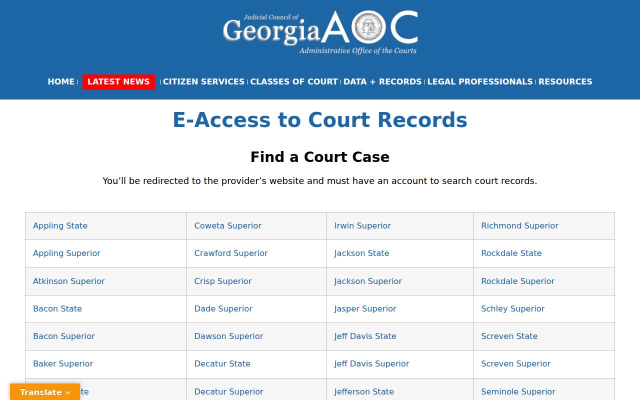 Georgia Courts E-Access directory for Worth County court records